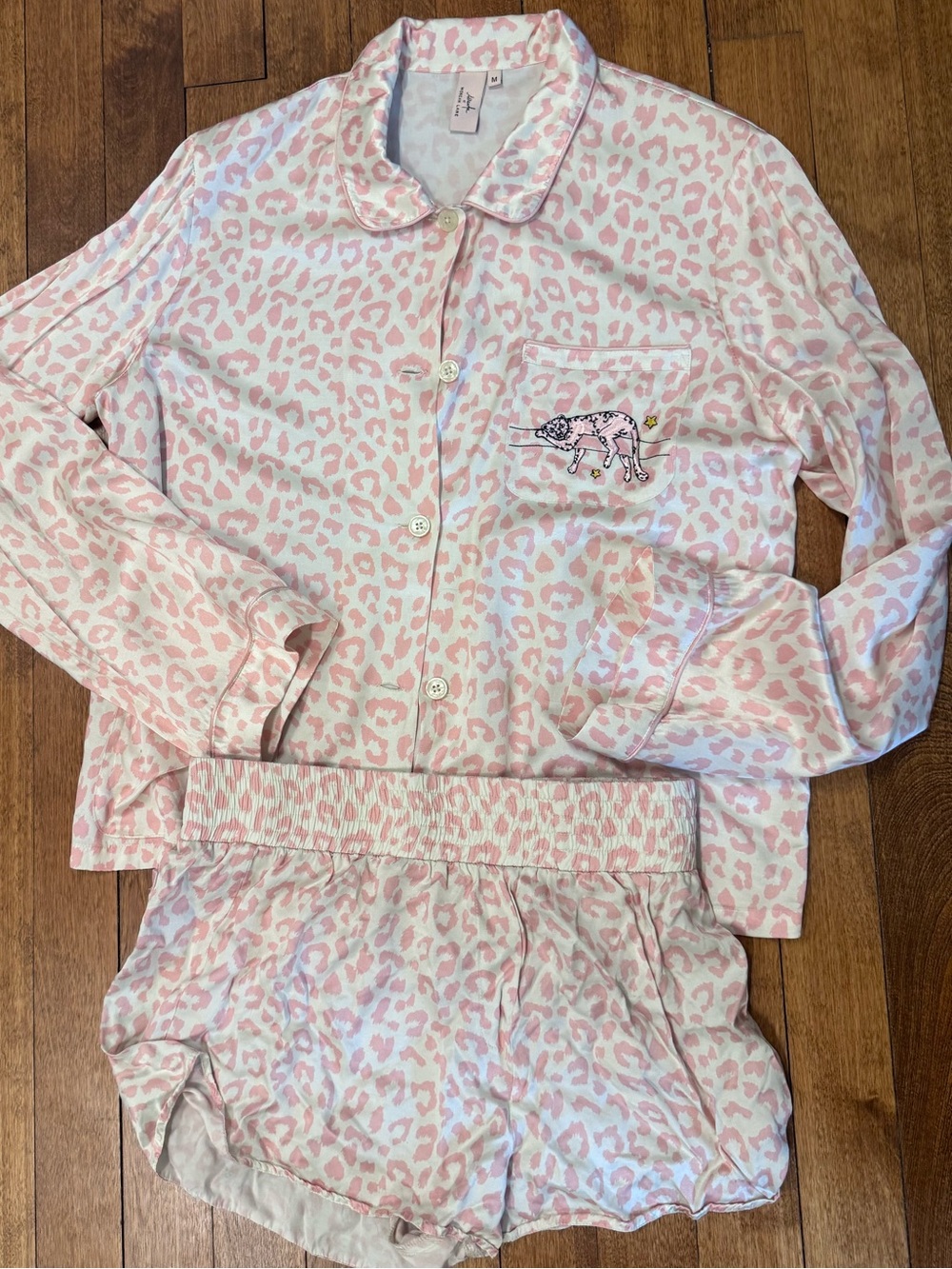 Morgan Lane Pink Leopard-Print Kids Pajama Set with Embroidered Cat